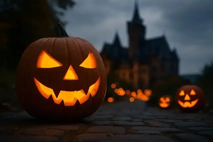 Leuchtender Halloween-Kürbis auf Kopfsteinpflaster mit unscharfem Schloss im Hintergrund bei Dämmerung.