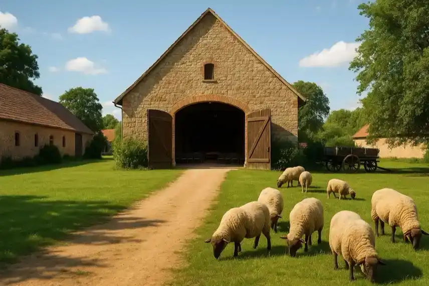 Historischer Bauernhof mit Steinmauer, offenem Scheunentor und Schafen auf einer grünen Wiese bei Sonnenschein.
