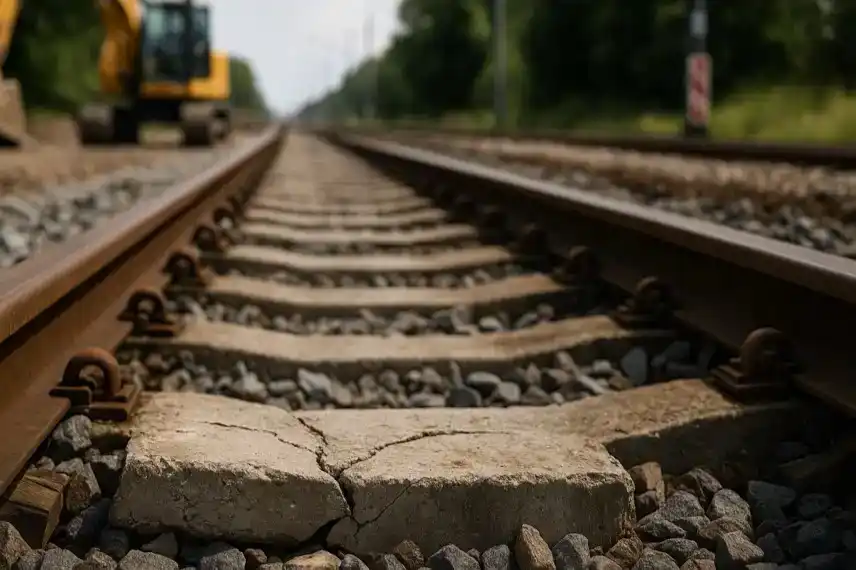 Nahaufnahme beschädigter Betonschwellen zwischen zwei Gleisen mit unscharfem Hintergrund und Baugerät im Abstand.