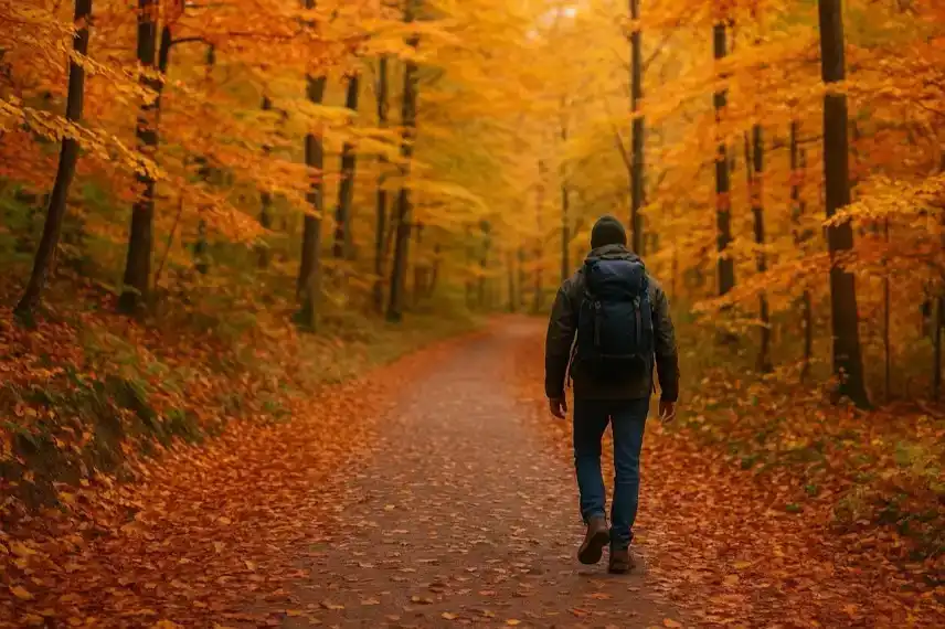 Ein Wanderer mit Rucksack läuft auf einem Laubweg durch einen bunten Herbstwald im Harz.