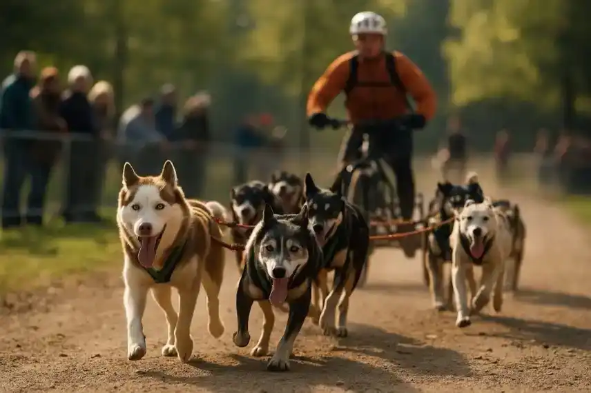 Sechs Schlittenhunde ziehen einen Musher auf einem Wagen über einen sonnigen Waldweg, im Hintergrund Zuschauer entlang der Strecke.