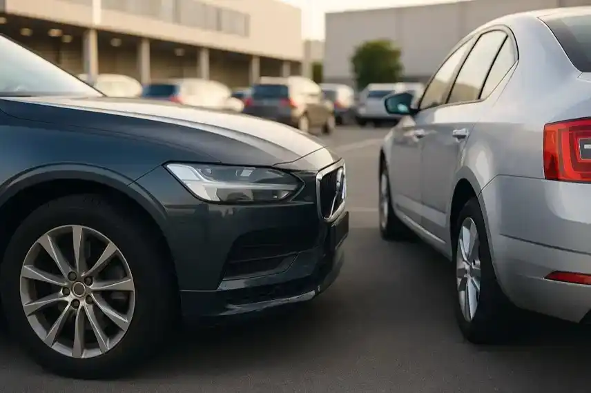 Zwei Autos stehen auf einem Parkplatz, die Stoßstangen berühren sich leicht nach einem Zusammenstoß beim Einparken.