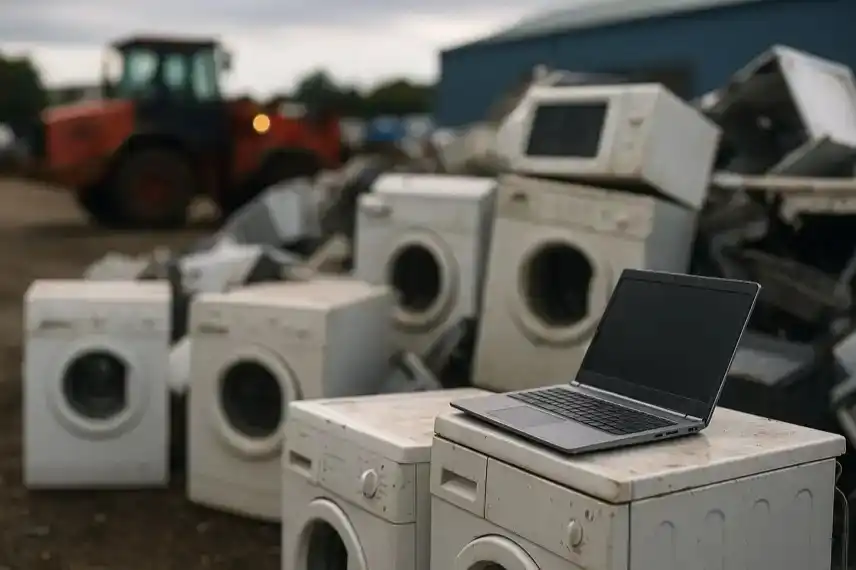 Ein Stapel alter Waschmaschinen und ein Laptop auf einem Recyclinghof mit unscharfem Bagger im Hintergrund.