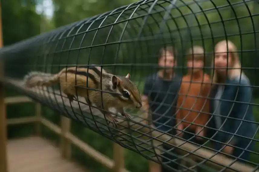Streifenhörnchen läuft in einem Drahttunnel, im Hintergrund unscharf eine Familie in einem Waldtierpark.