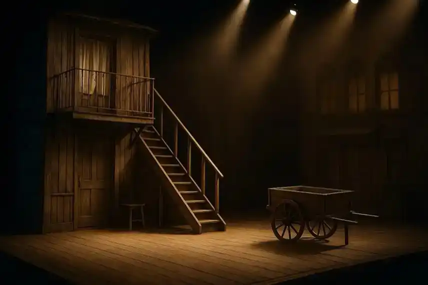 Theaterbühne mit hölzernem Gebäude, Treppe und Wagen, beleuchtet von warmem Bühnenlicht.