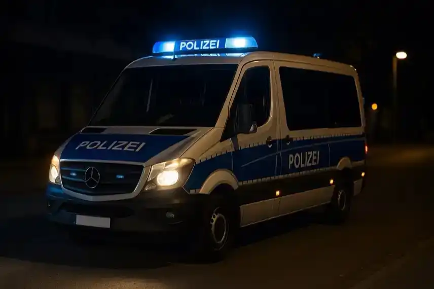 Ein deutscher Polizeibus mit eingeschaltetem Blaulicht steht nachts auf einer dunklen Stadtstraße.