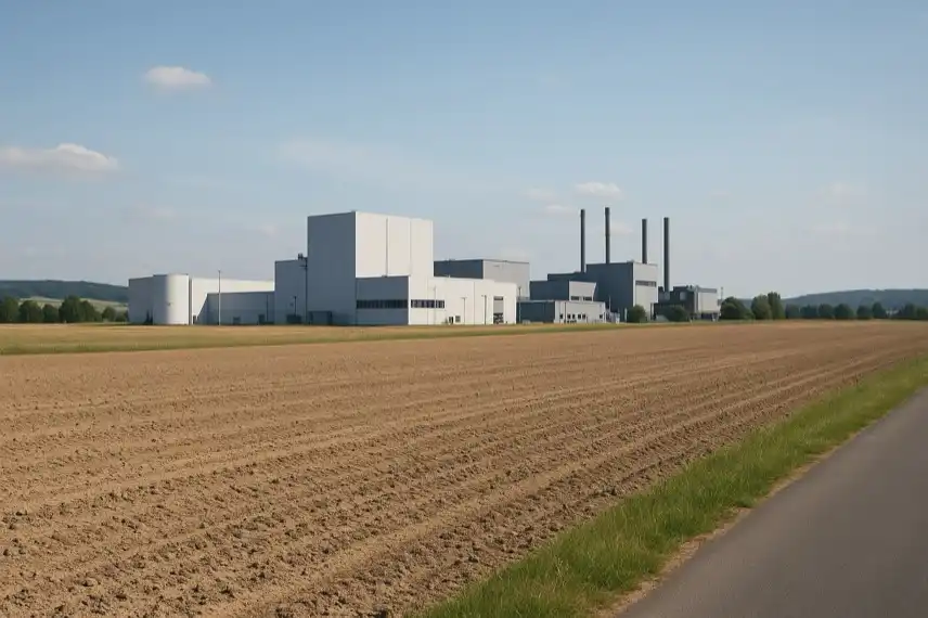 Symbolbild einer Industrieanlage in der Goldenen Aue im Harz, mit Feldern und Bergen im Hintergrund – Diskussion um mögliche Rüstungsansiedlung.