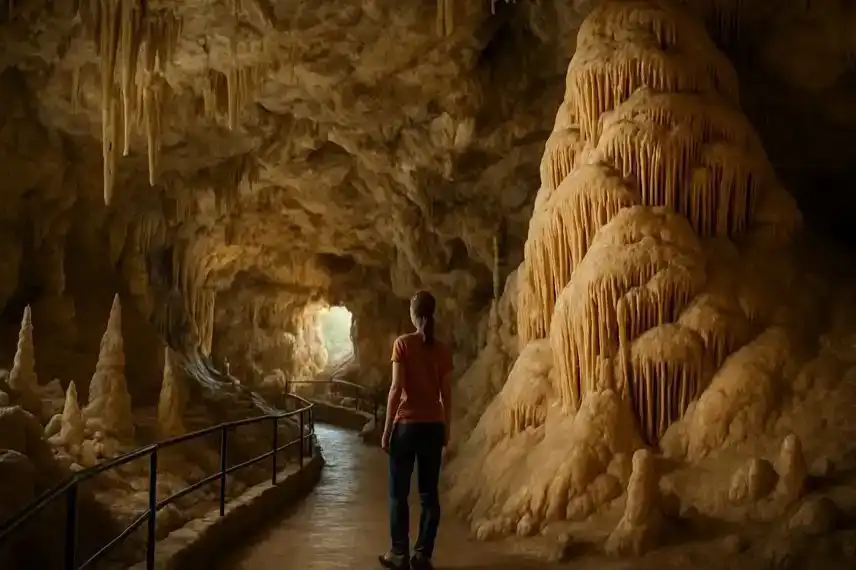 Tropfsteinhöhle im Harz mit Stalaktiten und Stalagmiten, professionell ausgeleuchtet, generischer Besucher im Vordergrund.