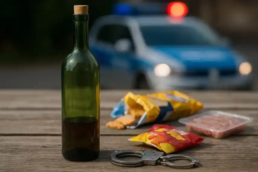 Flasche Alkohol, beschlagnahmte Waren und Handschellen vor Polizeiwagen – stellvertretende Darstellung eines Diebstahls in Halberstadt im Harz.