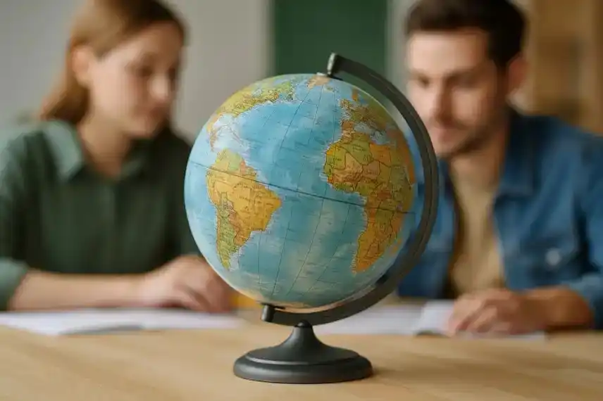 Globus auf einem Tisch, mit unscharfen Personen im Hintergrund, als Darstellung für globales Lernen und faire Entwicklung im Harz.