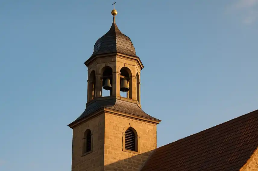 Barocker Kirchturm mit zwei Glocken im Harz, Symbolbild für Glockenläuten am Tag der Deutschen Einheit in Göddeckenrode.