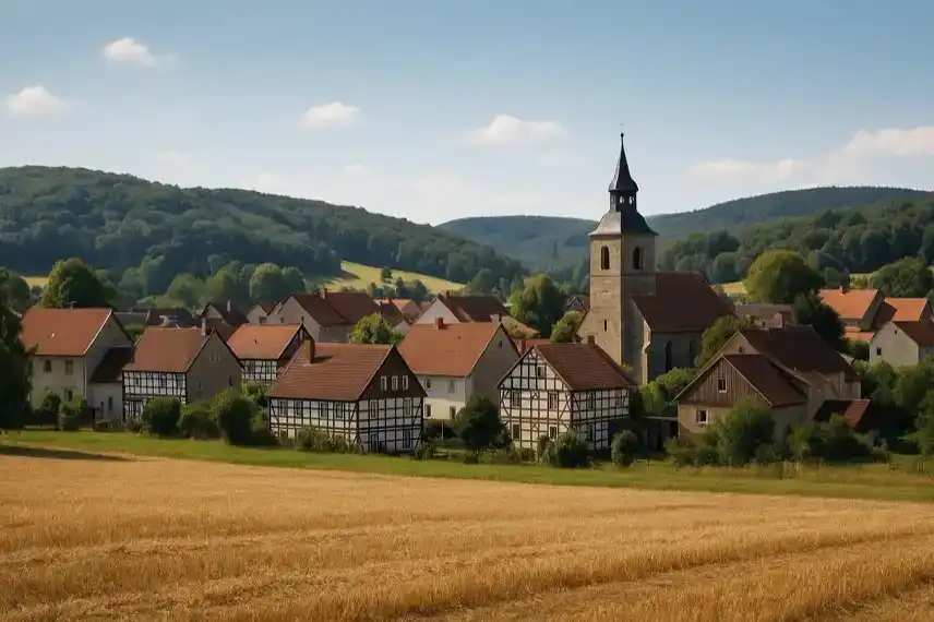 Harzer Dorf mit Fachwerkhäusern, Kirche und umliegenden Hügeln als Darstellung regionaler Wirtschaft und Kultur.