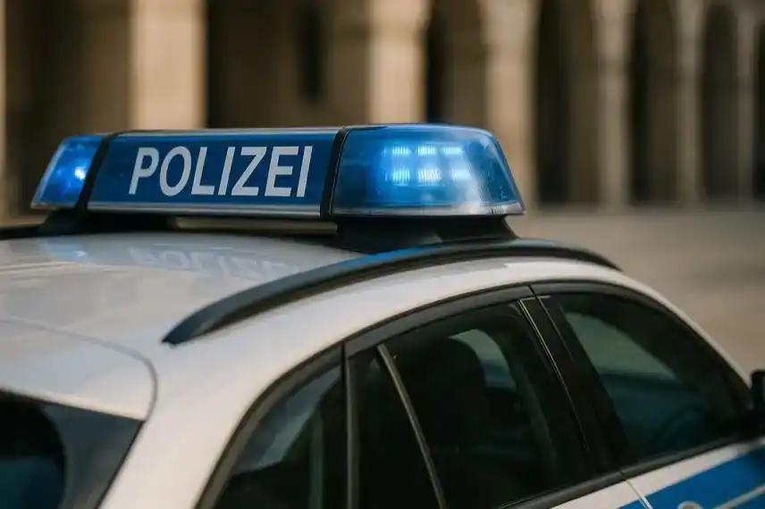 Deutsches Polizeiauto mit Blaulicht, aufgenommen bei Tageslicht – dient als neutrale Darstellung im Kontext von Ermittlungen wegen Volksverhetzung.