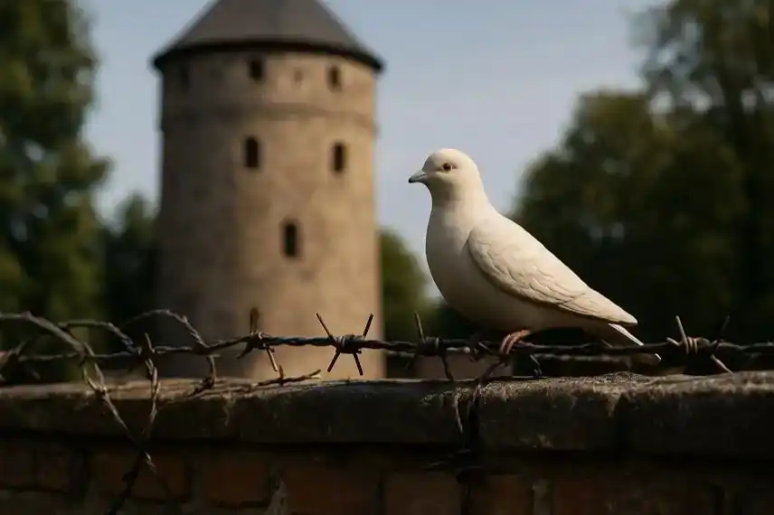 Weiße Keramiktaube sitzt auf Stacheldraht, im Hintergrund ein verschwommener steinerner Turm bei Tageslicht.