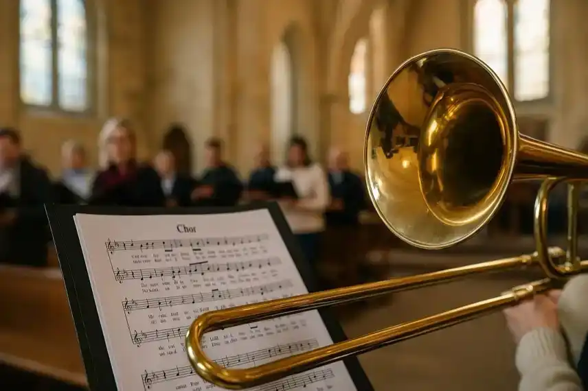 Posaune und Notenblatt in einer Kirche mit unscharfem Chor im Hintergrund, hell ausgeleuchtet und mit Tiefenschärfe aufgenommen.