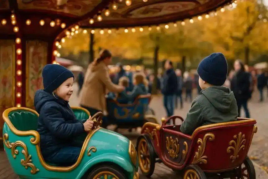 Kinder auf einem Karussell im Herbst, bunte Lichter und Laubbäume im Hintergrund, aufgenommen auf einem festlich geschmückten Platz.