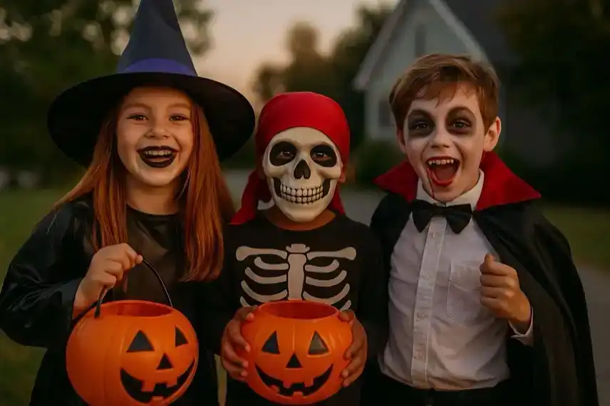 Drei Kinder in Hexen-, Skelett- und Vampirkostümen halten orange Kürbiseimer bei Abendlicht im Freien.