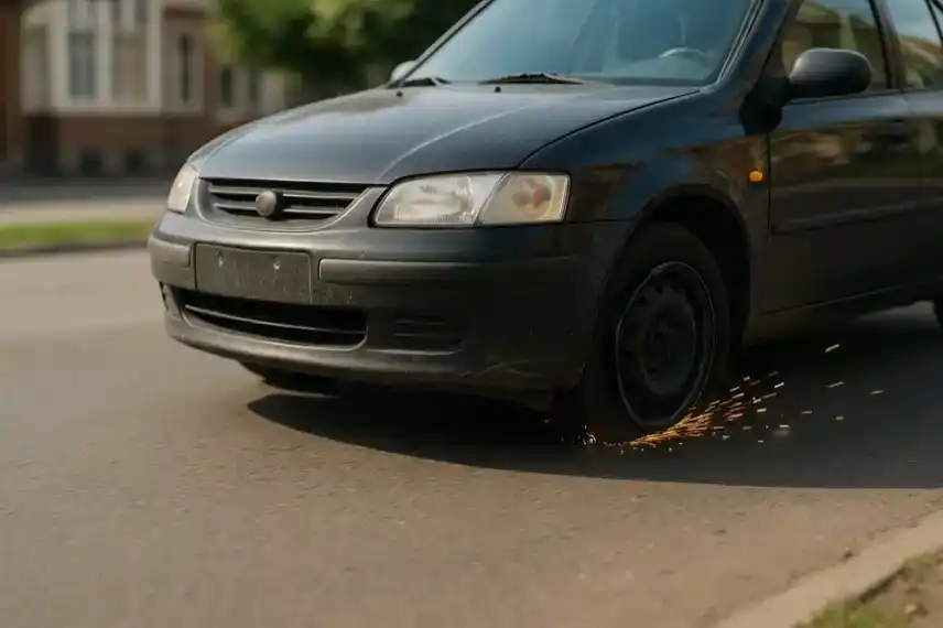 Beschädigtes Auto fährt mit blanker Felge auf einer Straße, Funken sprühen vom Rad, kein Fahrer sichtbar.