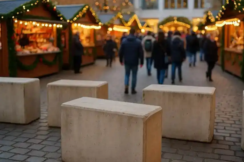 Betonbarrieren auf einem Weihnachtsmarkt mit festlich beleuchteten Holzständen und vorbeigehenden Menschen im Hintergrund.