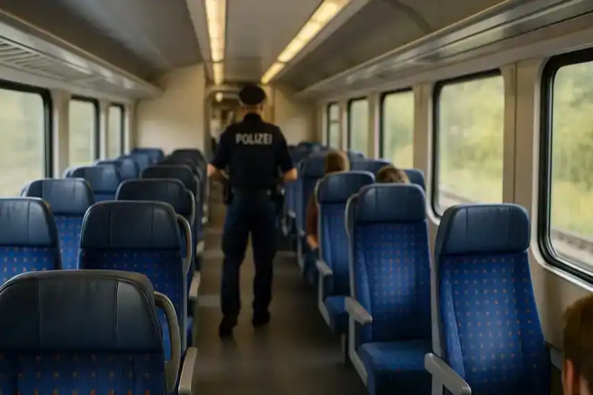 Ein Polizist steht in einem hellen Zugabteil mit blauen Sitzen, während Fahrgäste ruhig auf ihren Plätzen sitzen.