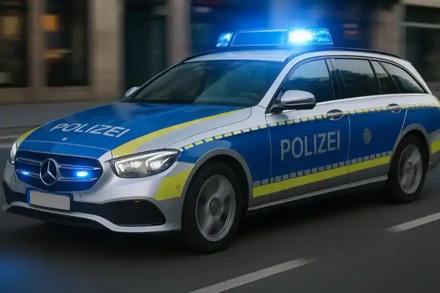 Deutsches Polizeiauto mit eingeschaltetem Blaulicht fährt auf einer Straße bei Dämmerung.