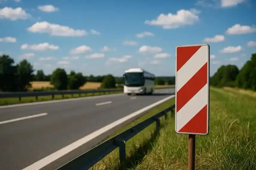 Reisebus fährt auf einer sonnigen Autobahn, im Vordergrund ein rot-weißes Verkehrsschild, grüne Wiesen und blauer Himmel im Hintergrund.