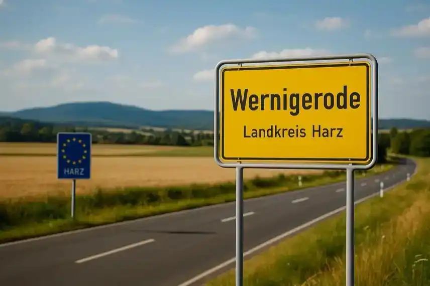 Ortsschild Wernigerode im Landkreis Harz mit Landstraße und hügeliger Landschaft im Hintergrund.