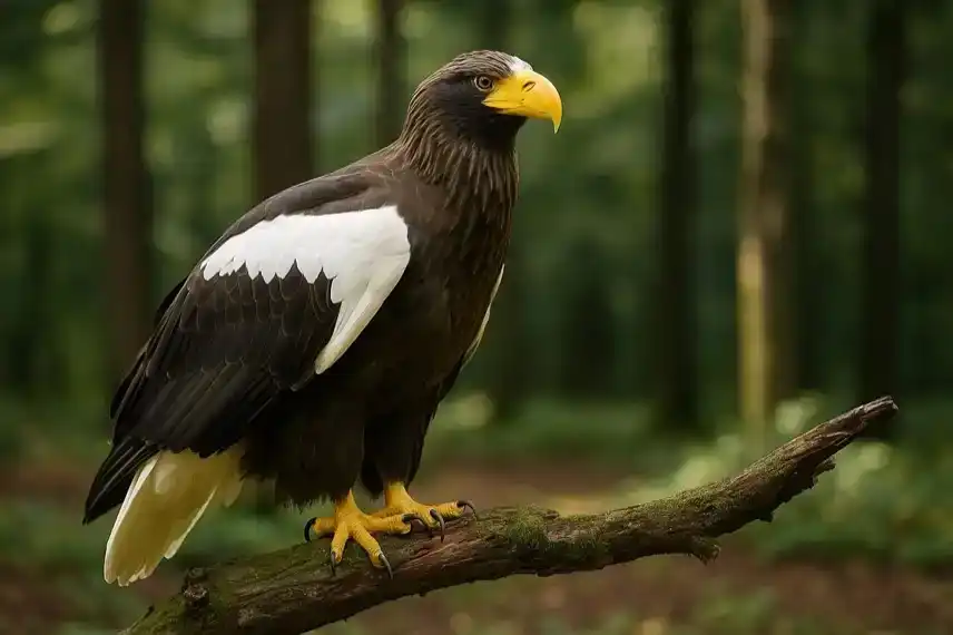 Riesenseeadler mit gelbem Schnabel sitzt auf einem moosbewachsenen Ast in einem sonnenbeschienenen Wald.