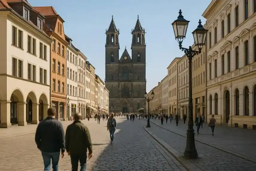 Fotorealistisches Bild einer europäischen Altstadt mit Kopfsteinpflasterstraße, Menschen im Sonnenschein und historischer Kathedrale im Hintergrund.