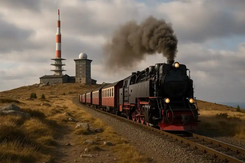 Dampflok der Brockenbahn auf einer Bergstrecke im Harz mit Funkturm und wolkigem Himmel im Hintergrund.