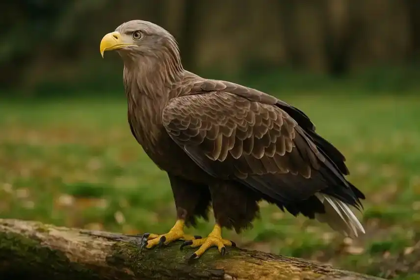 Ein großer Adler mit braunem Gefieder sitzt auf einem moosbedeckten Baumstamm vor unscharfem, herbstlichem Waldhintergrund.