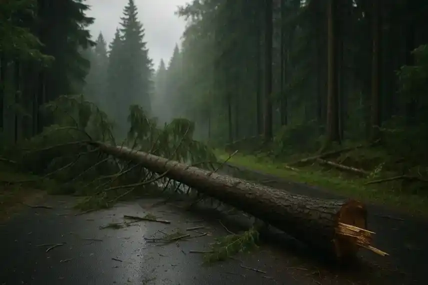 Gefällter Baum blockiert eine nasse Waldstraße im Harz bei Sturm und Regen, umgeben von dichtem Nadelwald.