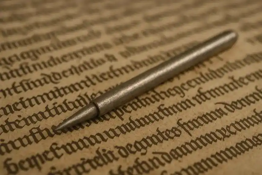 Ein Silberstift aus Metall liegt auf einer alten handgeschriebenen Pergamentseite in Nahaufnahme.
