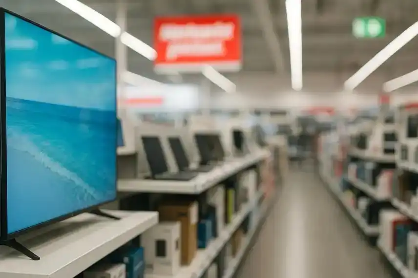 Regal mit Fernsehern und Laptops in einem hell ausgeleuchteten Elektronikmarkt, aufgenommen mit Tiefenschärfe.