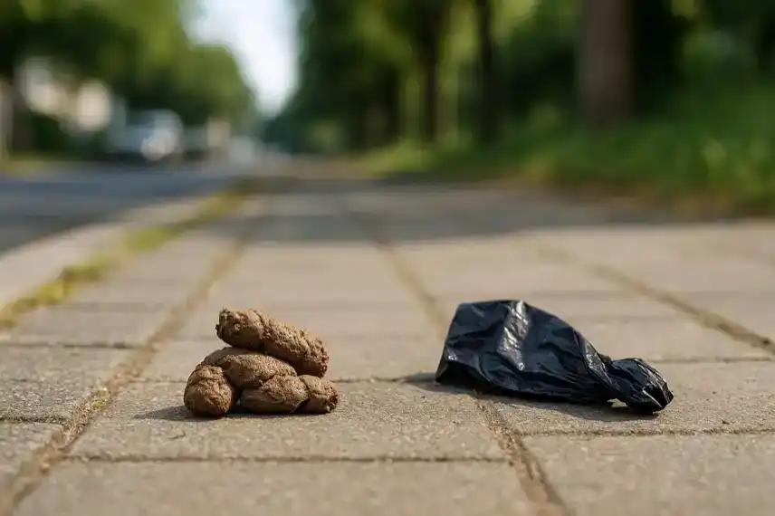 Hundekot und ein schwarzer Plastikbeutel liegen auf einem sonnigen Gehweg mit Bäumen im Hintergrund.