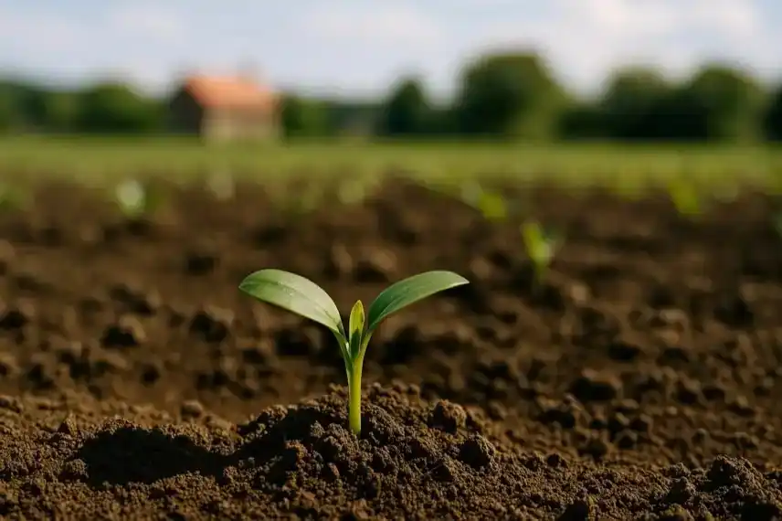 Nahaufnahme eines grünen Keimlings, der aus dunkler Erde wächst, mit unscharfer Landschaft im Hintergrund.