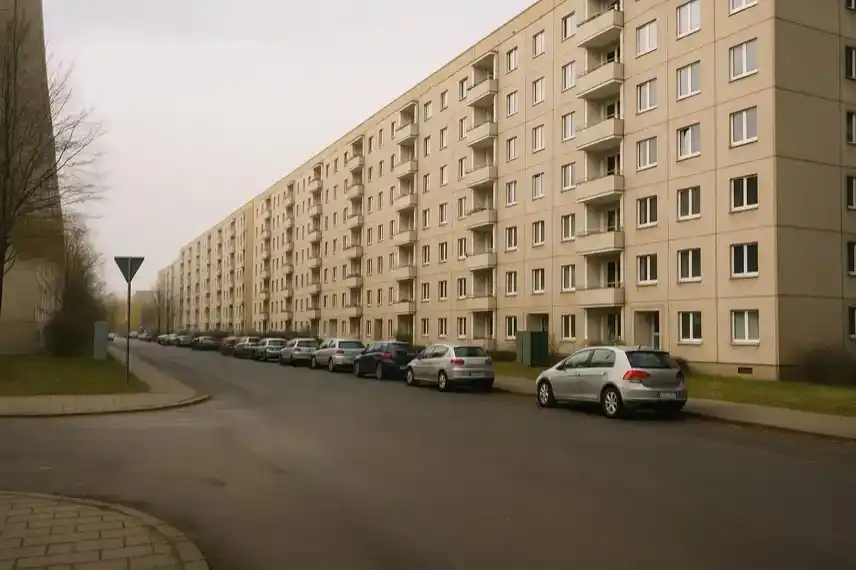 Straßenszene mit mehreren mehrstöckigen Wohnhäusern und parkenden Autos im Stadtteil Neustädter See in Magdeburg, bei Tageslicht aufgenommen.