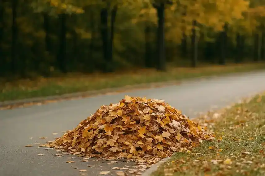Ein großer Haufen Herbstlaub liegt am Straßenrand, im Hintergrund ist ein herbstlicher Wald zu sehen.