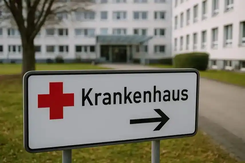 Wegweiser mit rotem Kreuz und der Aufschrift „Krankenhaus“ vor einem modernen Klinikgebäude bei Tageslicht.