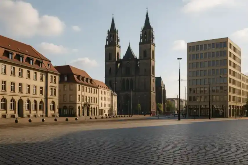 Leerer Domplatz in Magdeburg mit Kopfsteinpflaster, historischen Gebäuden und dem Magdeburger Dom im Hintergrund bei Tageslicht.