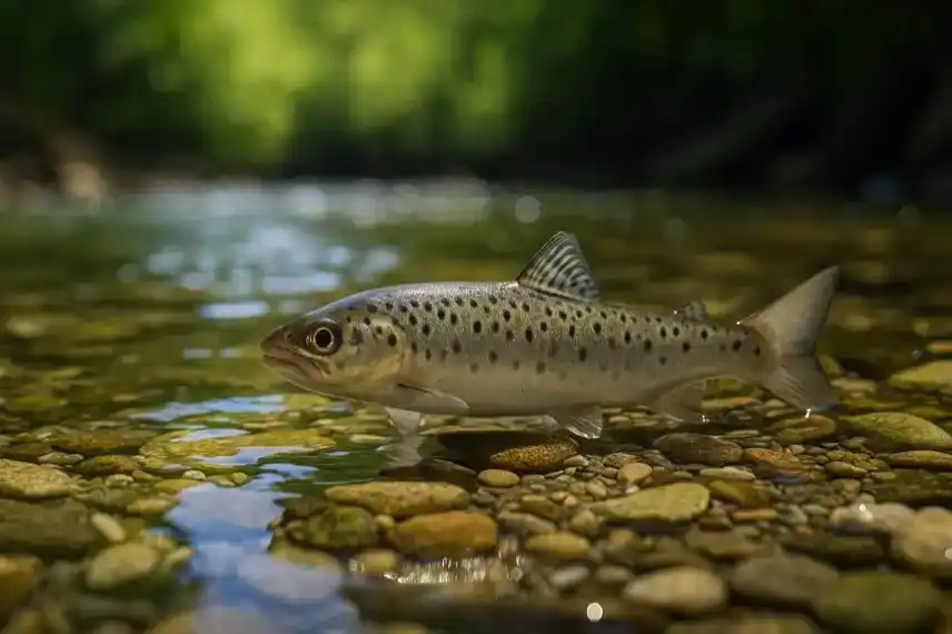 Junger Lachs schwimmt in klarem Flusswasser über einem steinigen Flussbett bei Tageslicht.