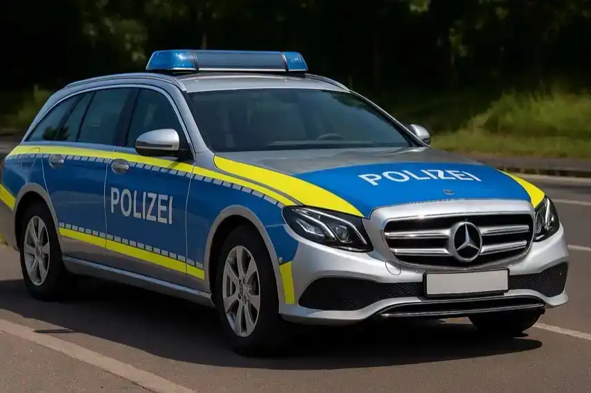 Deutsches Polizei-Mercedes-Fahrzeug mit blauer und gelber Beklebung steht bei Sonnenschein auf einer Straße.