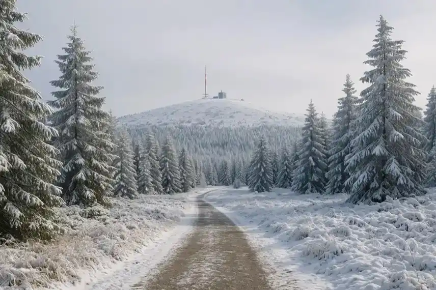 Verschneiter Waldweg mit Tannenbäumen und dem Brocken im Hintergrund unter leicht bewölktem Himmel.
