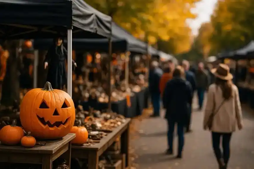 Herbstlicher Markt mit Kürbissen, Holzständen und bunten Blättern im Kurpark Thale, aufgenommen bei Tageslicht.