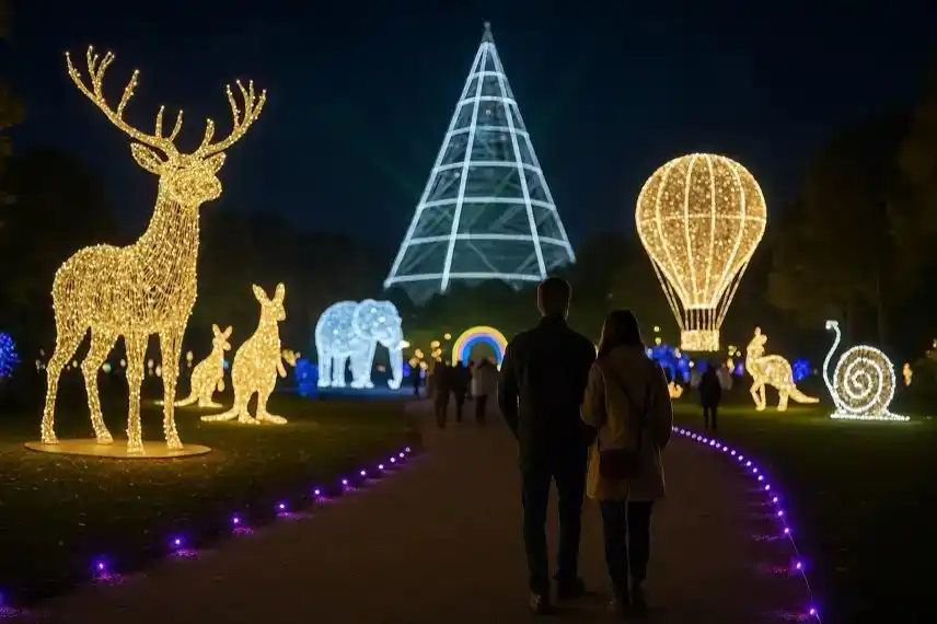 Ein beleuchteter Parkweg bei Nacht mit Lichtfiguren wie Reh, Elefant und Heißluftballon sowie Spaziergängern im Hintergrund.