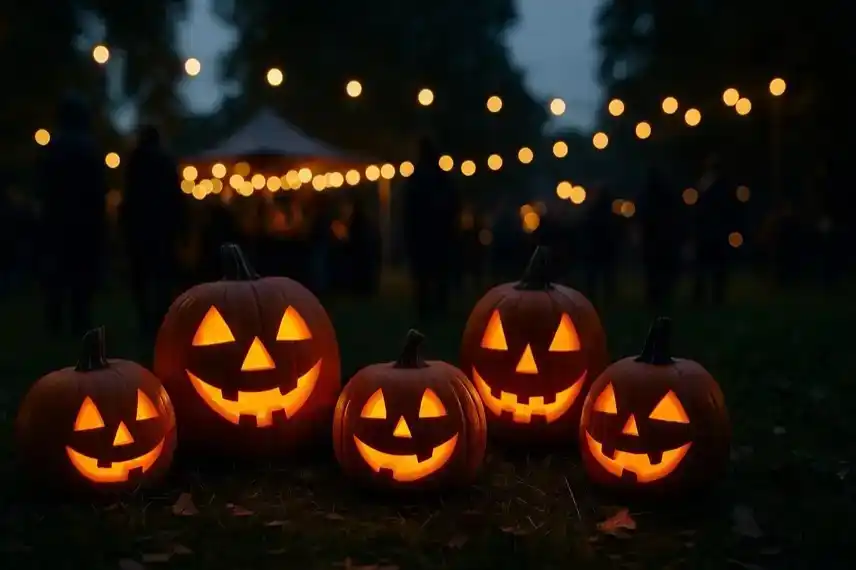 Fünf beleuchtete Kürbisse mit geschnitzten Gesichtern stehen auf einer Wiese, im Hintergrund unscharfe Menschen und Lichter eines Halloween-Events.