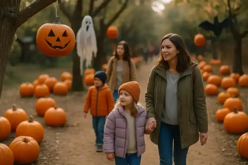 Mütter und Kinder gehen durch einen Weg mit Kürbissen und Halloween-Dekoration im herbstlichen Park bei Tageslicht.