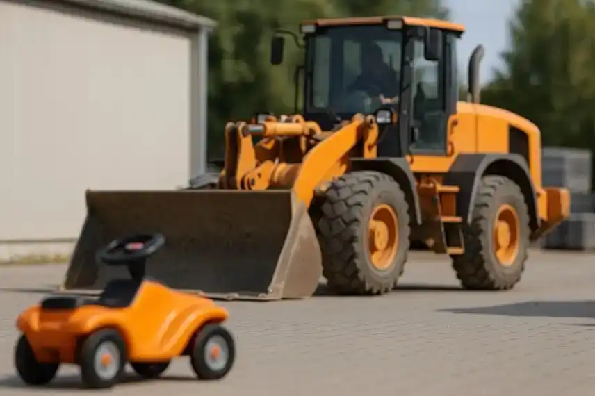 Radlader auf Industriehof mit einem orangefarbenen Spielfahrzeug im Vordergrund, sonniger Tag, keine Personen sichtbar.