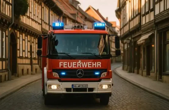 Rotes Feuerwehrfahrzeug mit eingeschaltetem Blaulicht fährt durch eine historische Altstadtstraße mit Fachwerkhäusern.