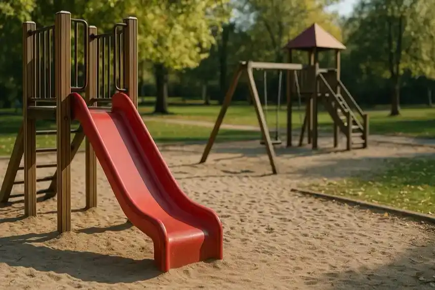 Leerer Spielplatz mit roter Rutsche und Holzschaukeln im Grünen bei Sonnenschein.
